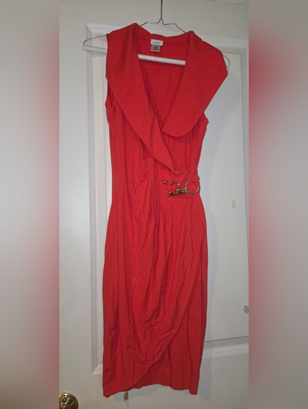 Cache's Red Sleeveless Midi Dress with Draped Collar and Gold Buckle